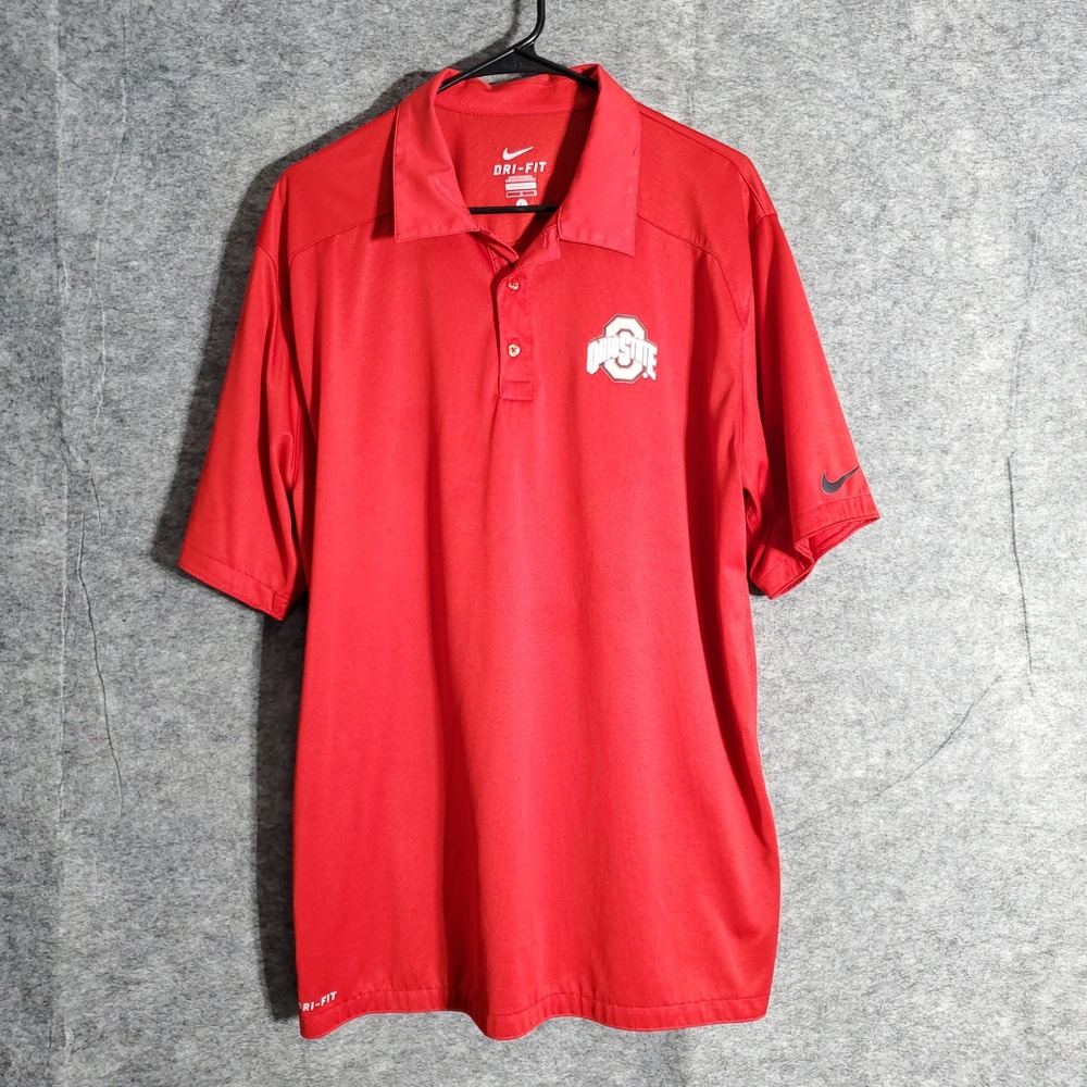 Nike Ohio State Buckeyes Polo Shirt Mens Large Red Dri Fit Short Sleeve Athletic